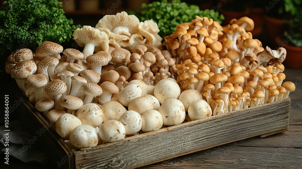 Various raw mushrooms displayed on dark wood background, an ideal template for vegan food concept designs, perfect for menus, recipe cards, banners, or posters with copy space Various raw mushrooms displayed on dark wood background, an ideal template for vegan food concept designs, perfect for menus, recipe cards, banners, or posters with copy space