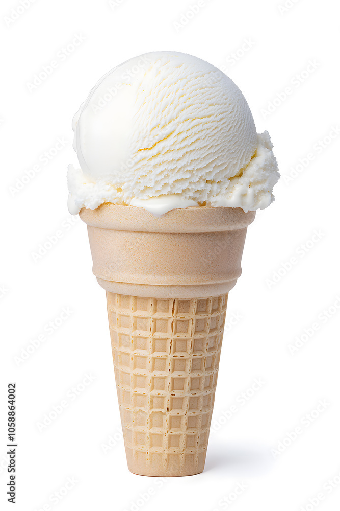 Vanilla white ice cream scoops in a cone, isolated on white background Vanilla white ice cream scoops in a cone, isolated on white background
