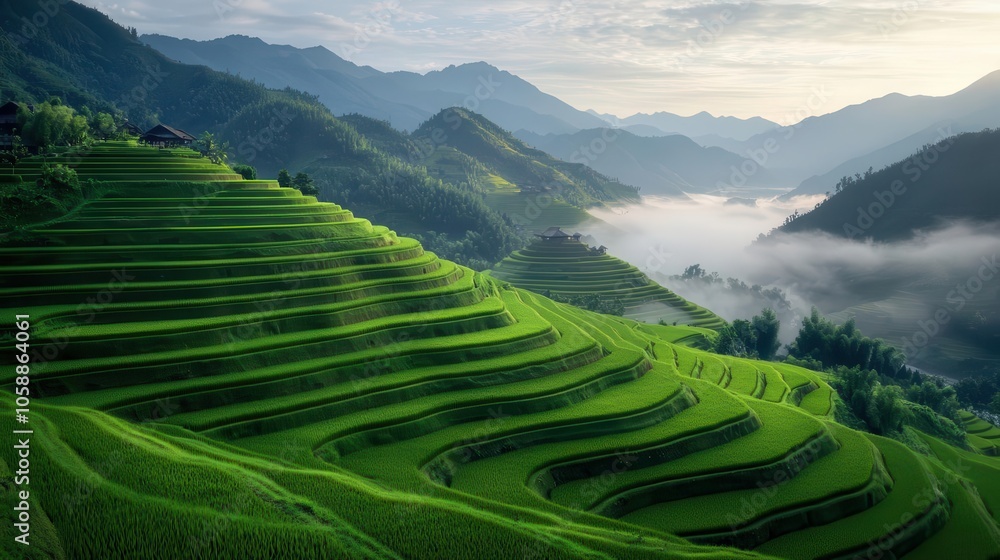 Lush green rice fields in the morning light, mist softly covering the horizon, rice fields, peaceful nature Lush green rice fields in the morning light, mist softly covering the horizon, rice fields, peaceful nature