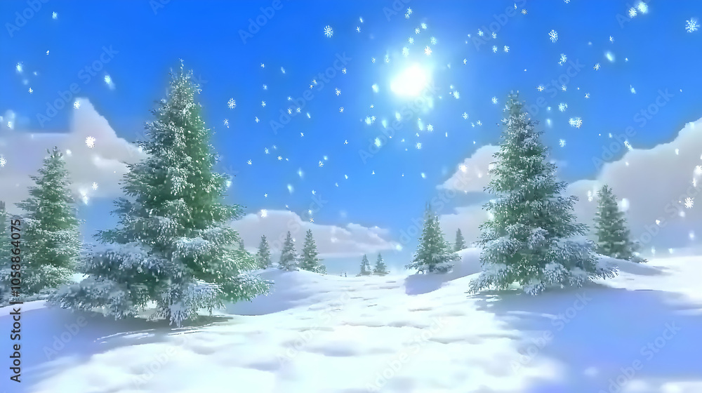 Snowy winter scene with fir trees and sun shining through the clouds. Snowy winter scene with fir trees and sun shining through the clouds.