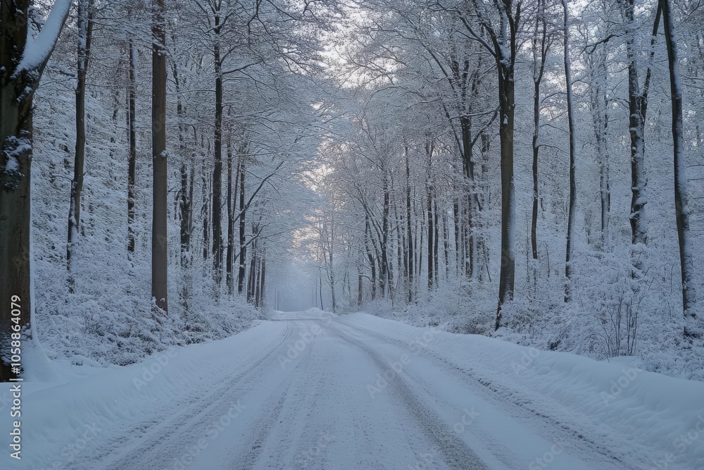 Scenic drive through a snowy forest, soft light filtering through trees, calm and serene Scenic drive through a snowy forest, soft light filtering through trees, calm and serene