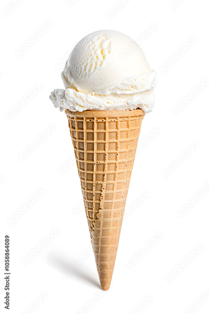 Vanilla white ice cream scoops in a cone, isolated on white background Vanilla white ice cream scoops in a cone, isolated on white background