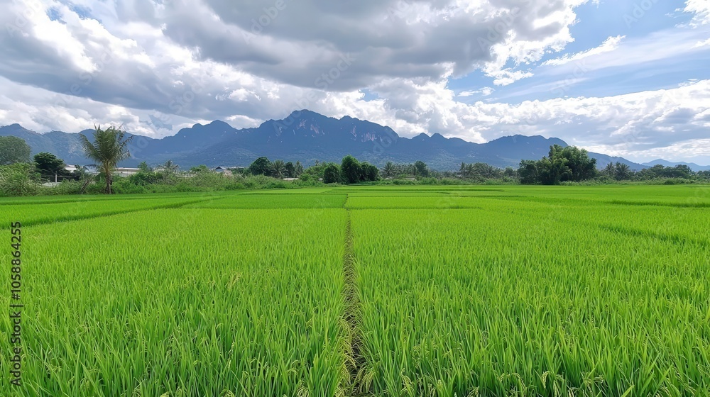 Fototapeta premium Organic rice fields with mountain backdrop and cloudy sky, natural beauty, organic rice field, rural scenery