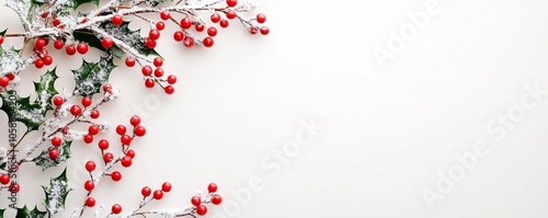 Snowdusted holly branches with red berries, soft white background, classic winter holiday look