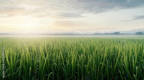 Lush green rice fields in the morning light, mist softly covering the horizon, rice fields, peaceful nature