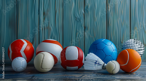 Set of different sports balls and a shuttlecock on a grey wooden table.