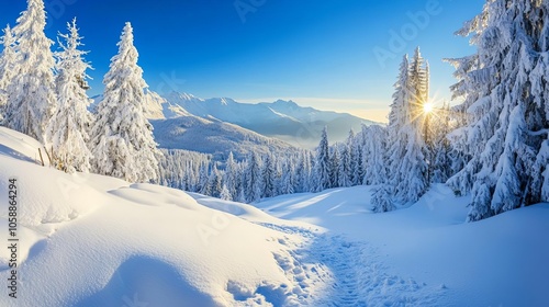 Snowy mountain landscape, crisp blue sky, sunlight reflecting off snow, calm and majestic winter scenery