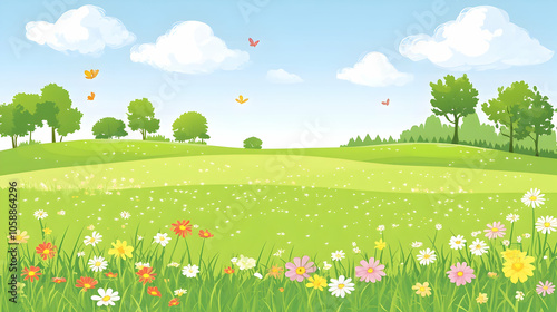 Sunny meadow with green grass, flowers, trees and blue sky.