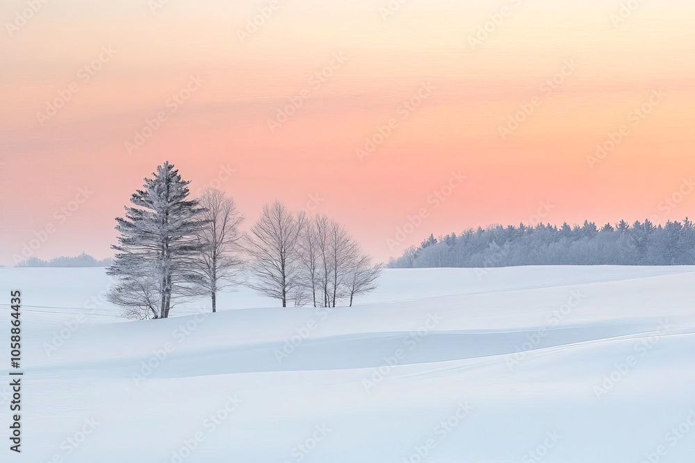 Winter sunrise over a snowy landscape, soft pink and orange hues, peaceful and serene Winter sunrise over a snowy landscape, soft pink and orange hues, peaceful and serene