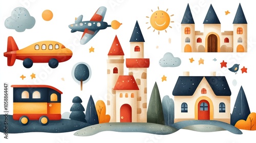 Vector set of kids' toys featuring trains, planes, and castles for playful designs