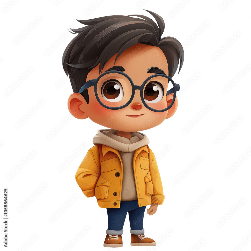 A cartoon boy wearing glasses and a yellow jacket. Generative AI
