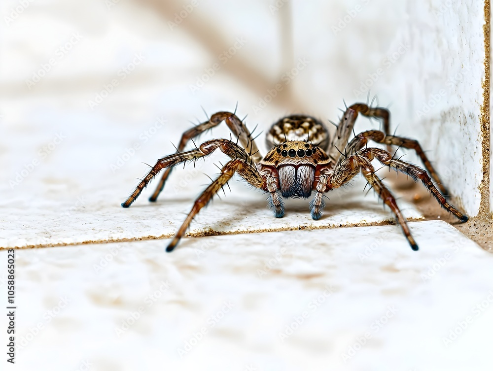 Rapid Moving Spider Crawling Across Bathroom Tile Seeking Hiding Spot to Build Web Rapid Moving Spider Crawling Across Bathroom Tile Seeking Hiding Spot to Build Web