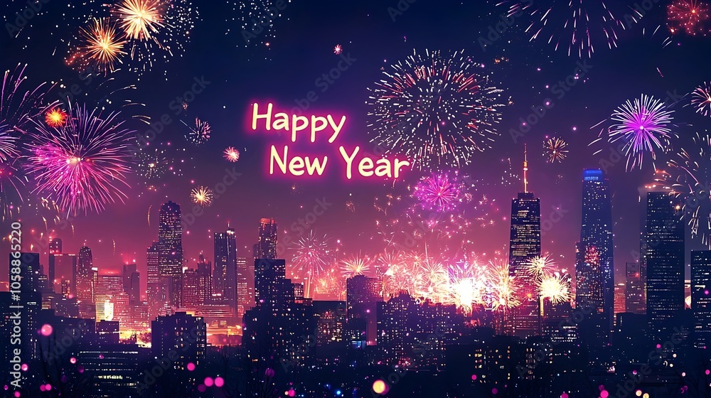 Fototapeta premium Vibrant Fireworks Burst over Glittering Cityscape at Midnight on New Year s Eve