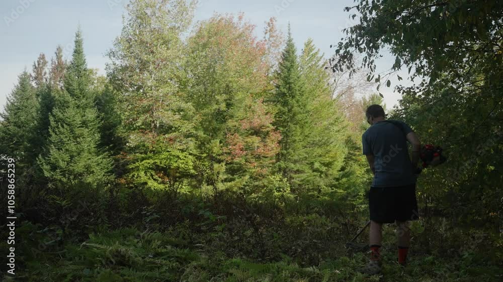 Man working using string trimmer on sunny hillside (Slow Motion 4k 30p) Man working using string trimmer on sunny hillside (Slow Motion 4k 30p)