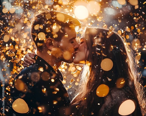 Passionate New Year s Eve Kiss Under Sparkling Confetti and Party Lights photo