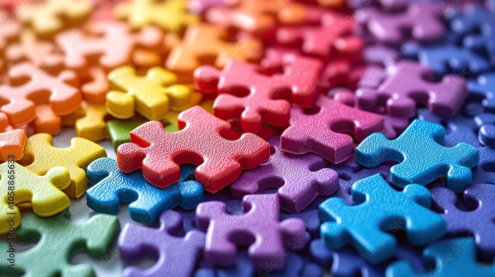 Vibrant puzzle pieces come together, symbolizing emotional expression through art therapy on clean, white background Vibrant puzzle pieces come together, symbolizing emotional expression through art therapy on clean, white background
