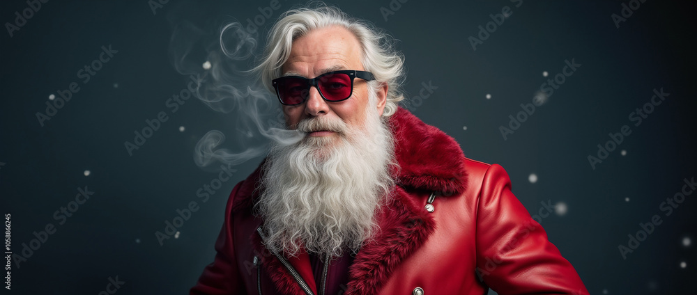 Hipster Santa Claus wearing stylish red leather jacket and sunglasses, surrounded by falling snow. A modern and festive take on the traditional Christmas icon.
Hipster Santa Claus wearing stylish red leather jacket and sunglasses, surrounded by falling snow. A modern and festive take on the traditional Christmas icon.