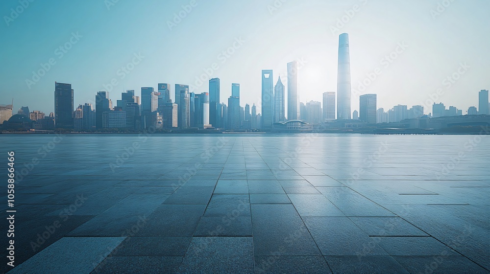 Urban Skyline with Central City View Featuring Pathway and Parking Area for Automotive Advertising Urban Skyline with Central City View Featuring Pathway and Parking Area for Automotive Advertising