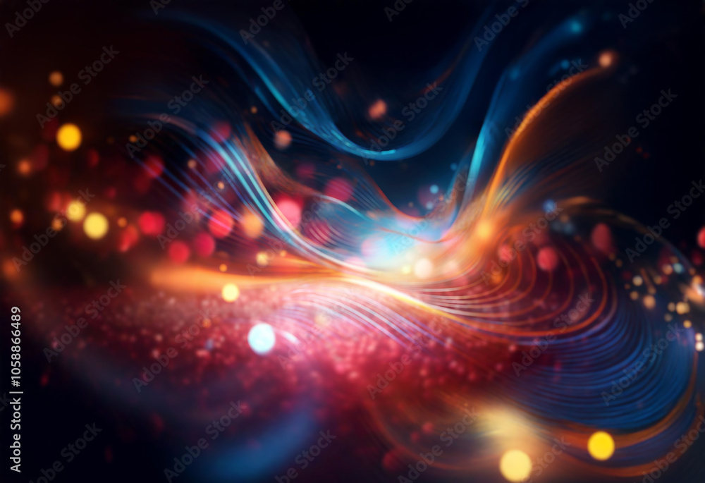 Abstract blue and orange glowing lines and light orbs on a dark background. Abstract blue and orange glowing lines and light orbs on a dark background.