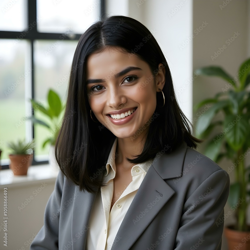 Young successful woman with brown eyes in classic gray jacket posing in bright office. Young successful woman with brown eyes in classic gray jacket posing in bright office.