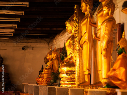 Golden Buddha statues line a row in a Thai temple.