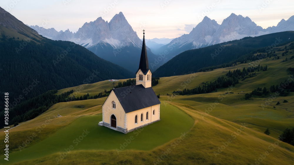 Scenic view of a small chapel with a tall steeple situated on a grassy hill surrounded by majestic mountain peaks under a clear sky. Scenic view of a small chapel with a tall steeple situated on a grassy hill surrounded by majestic mountain peaks under a clear sky.