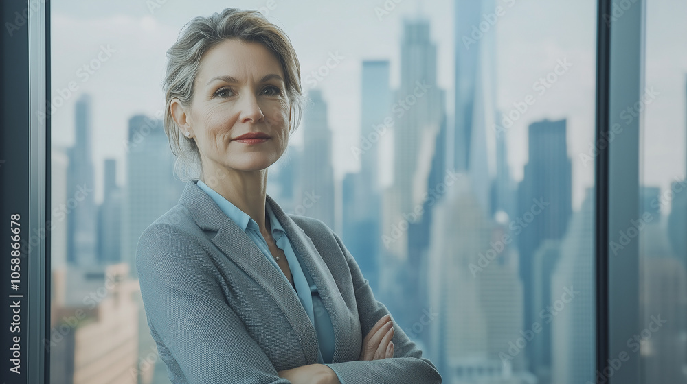 Successful businesswoman posing in a modern office with arms crossed, skyline visible through large windows, representing ambition and leadership Successful businesswoman posing in a modern office with arms crossed, skyline visible through large windows, representing ambition and leadership