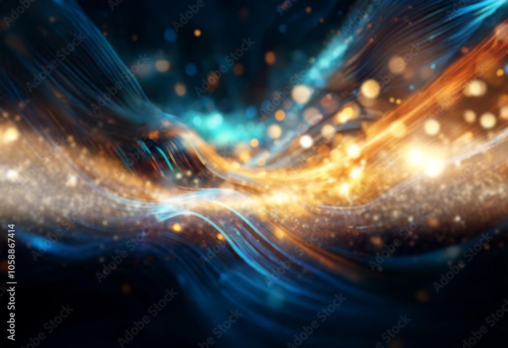 Abstract blue and orange lines with glowing bokeh lights on a dark background. Abstract blue and orange lines with glowing bokeh lights on a dark background.