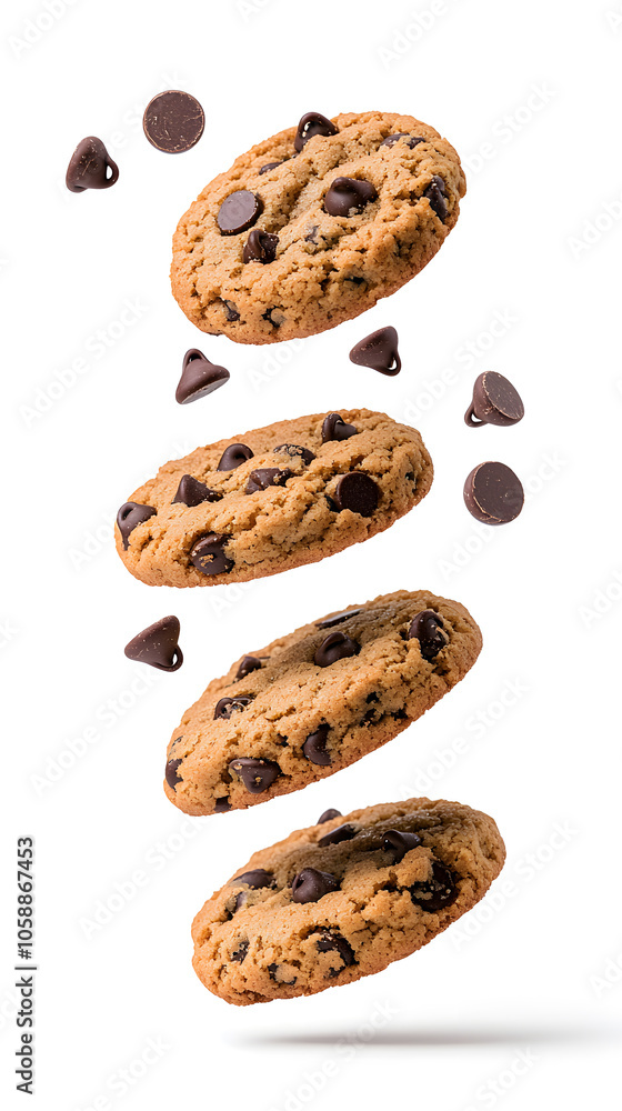 Chocolate chip cookies and crumbs flying over white background Chocolate chip cookies and crumbs flying over white background