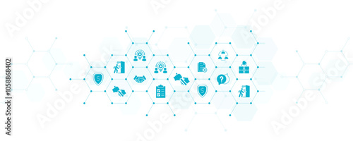 Offboarding hr measures vector illustration. Concept with icons related to handover of responsibilities, layoff workers, resignation, change management, downsizing & dismissal, contract termination. photo