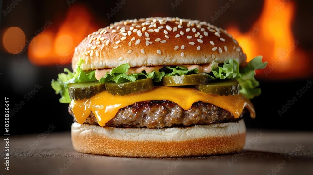 Delicious cheeseburger with lettuce, pickles, and melted cheese on a sesame seed bun Delicious cheeseburger with lettuce, pickles, and melted cheese on a sesame seed bun