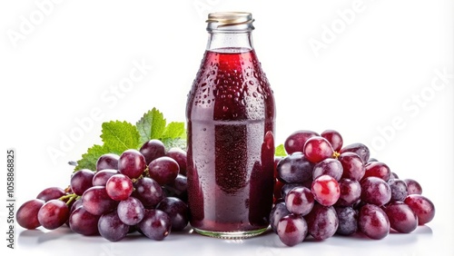 Macro Photography of Red Grape Juice Bottle with Transparent Background, Grapes, and Juice in High Detail for Stock Photo Use