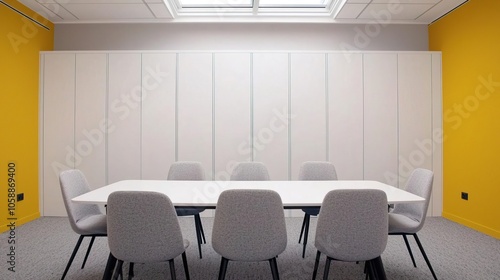 Bright meeting room with high white panels and a skylight, creating a naturally lit workspace