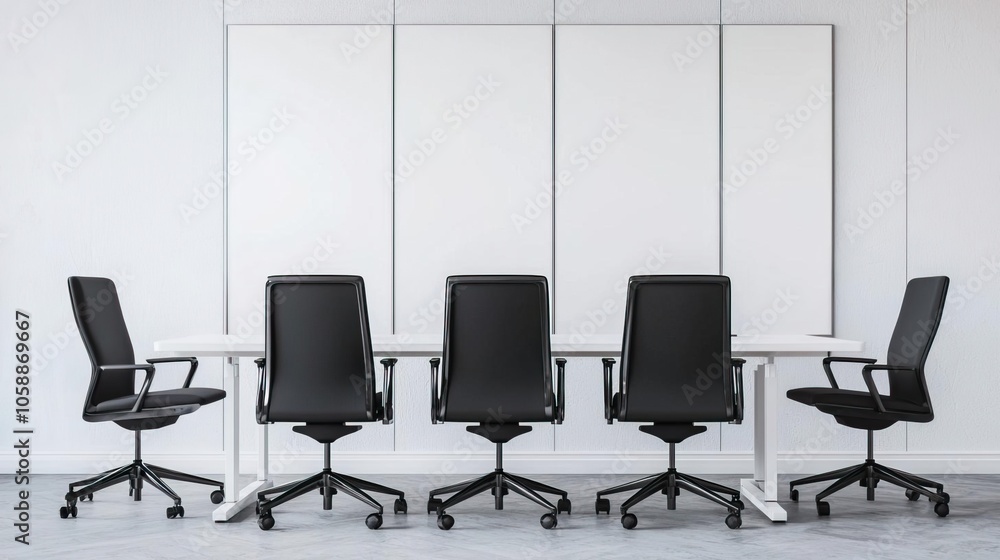 Side view of a meeting room with white panels and black chairs, minimalist and modern setup Side view of a meeting room with white panels and black chairs, minimalist and modern setup