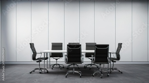 Side view of white panel meeting room with black leather chairs, stylish and modern atmosphere photo