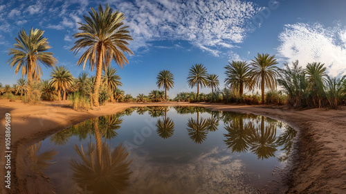 A Stunning Mirage in a Desert Landscape, An Enigmatic Oasis with Shimmering Water Reflections