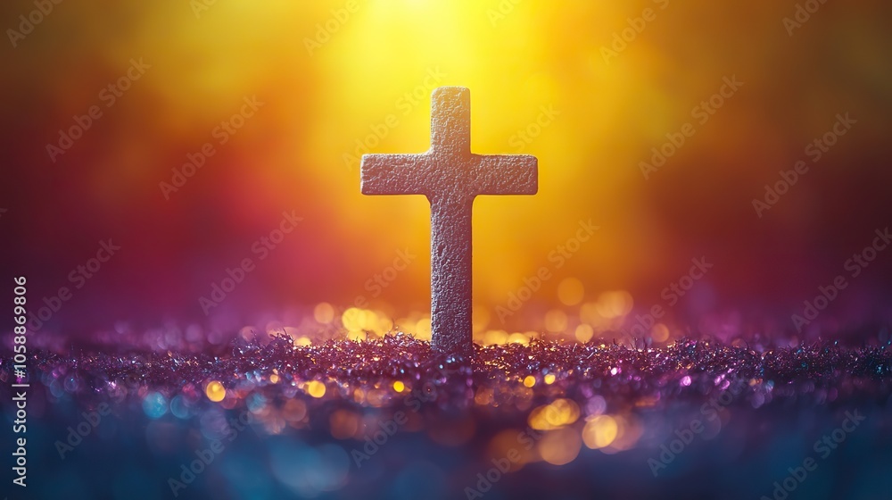 Worship written in white calligraphy with cross in the blurred background, on yellow and purple backdrop Worship written in white calligraphy with cross in the blurred background, on yellow and purple backdrop