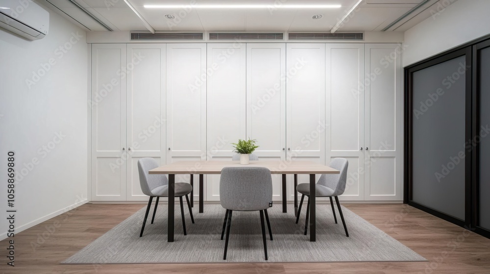 White paneled walls with built-in storage in meeting room, organized and streamlined design White paneled walls with built-in storage in meeting room, organized and streamlined design