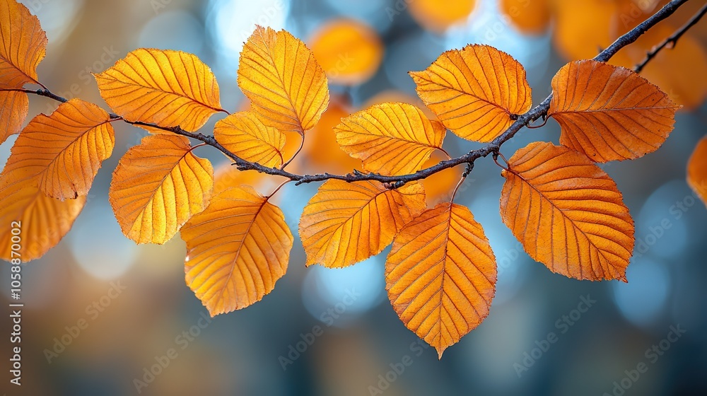 Yellow and orange autumn leaves hang from branches, with blurred background, perfect for fall nature designs Yellow and orange autumn leaves hang from branches, with blurred background, perfect for fall nature designs