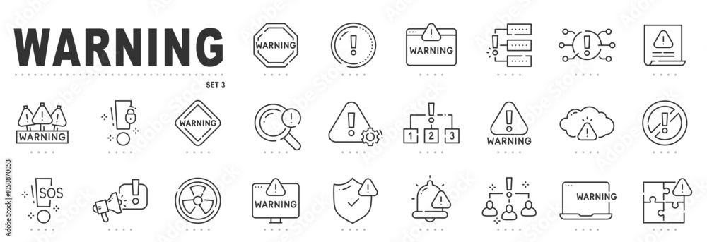 Set of warning related line icons. Alert, caution, danger, error, shield etc. Editable stroke. Set 3 Set of warning related line icons. Alert, caution, danger, error, shield etc. Editable stroke. Set 3