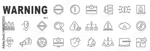 Set of warning related line icons. Alert, caution, danger, error, shield etc. Editable stroke. Set 3