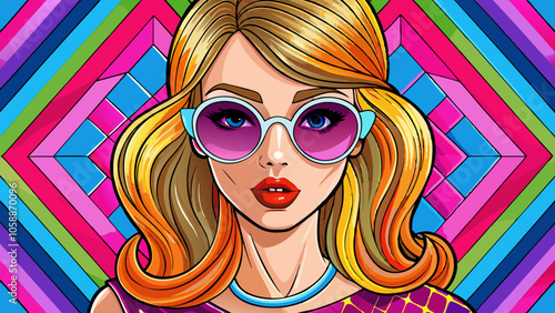 Fashion portrait of a model girl in sunglasses. Poster or flyer in trendy retro colors. Vector illustration