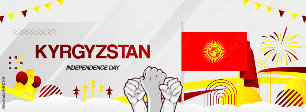 Obraz premium Kyrgyzstan independence day festive banner. Vibrant modern templates for holiday celebration, greeting card, billboard, and sport event backdrops. August 31th. Happy national day of Kyrgyzstan