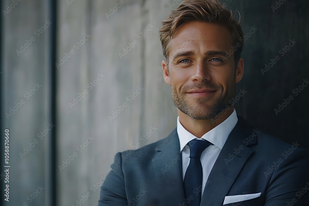 Successful Businessman Portrait Confident Smile, Grey Background, Tie Successful Businessman Portrait Confident Smile, Grey Background, Tie