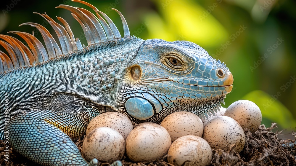 Fototapeta premium Iguana resting on her eggs captures the serene moment of wildlife. This iguana on her eggs highlights the beauty of nature, with ample space for text in the composition.