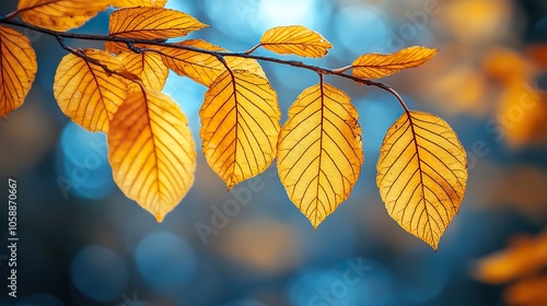 Yellow leaves on tree branch stand against blurred blue autumn sky, showcasing the beauty of nature in close-up detail