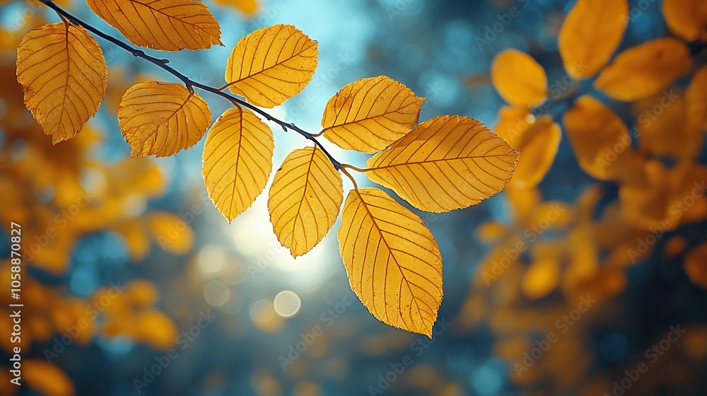 Yellow leaves on tree branches stand out against blurred autumn sky, highlighting the vibrant colors of the season Yellow leaves on tree branches stand out against blurred autumn sky, highlighting the vibrant colors of the season