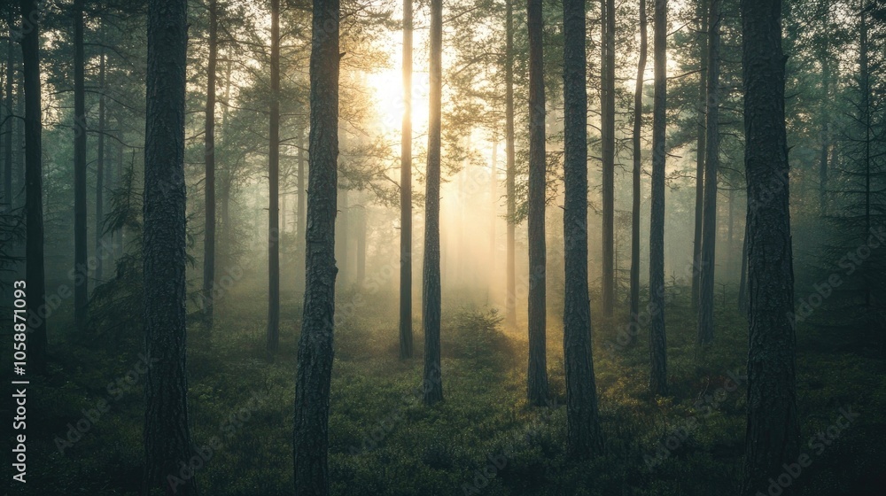 Obraz premium Serene morning light filters through the foggy trunks of a forest, creating a beautiful scene filled with soft sunlight and an atmosphere of tranquility. Photo style includes ample copy space.