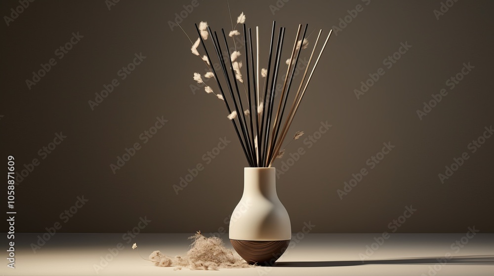 Elegant diffuser arrangement with natural reeds in a soft light setting Elegant diffuser arrangement with natural reeds in a soft light setting