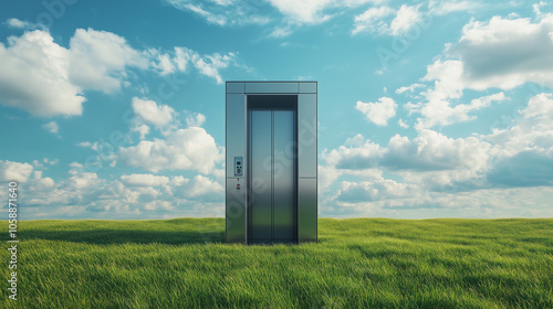a single elevator door standing in the middle of the green field, beautiful summer day, cinematic shot, tilt angle shot